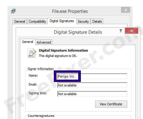 Screenshot of the Pango Inc. certificate